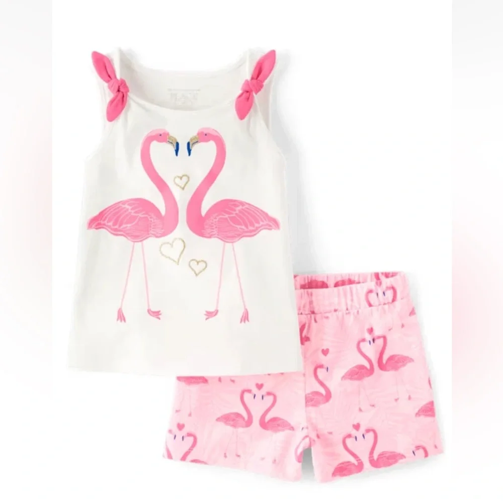 The Children’s Place Flamingo Print Kids Set Pink and White🦩Tank & Shorts NWT